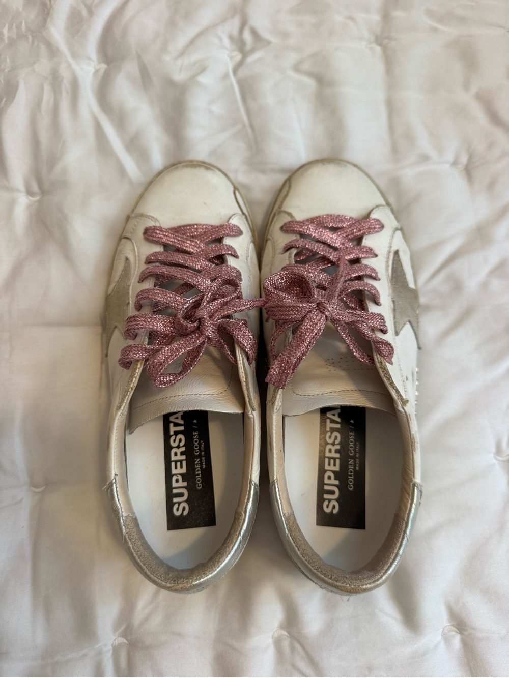 Golden Goose Superstar Sneakers with Silver Accents and Pink Laces